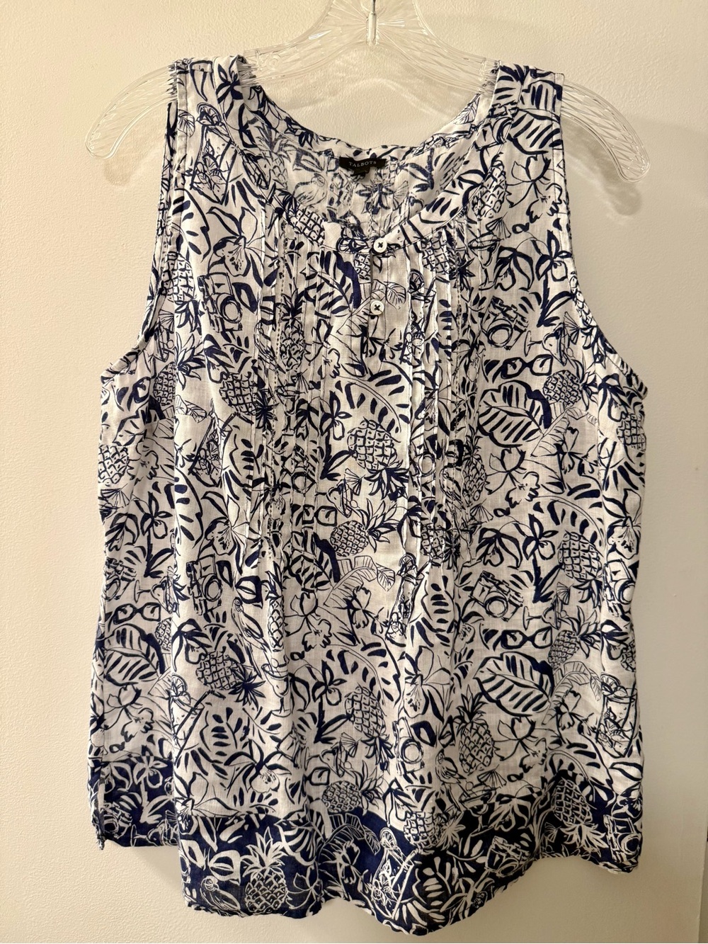 Talbots Navy and White Botanical Button-Front Tank